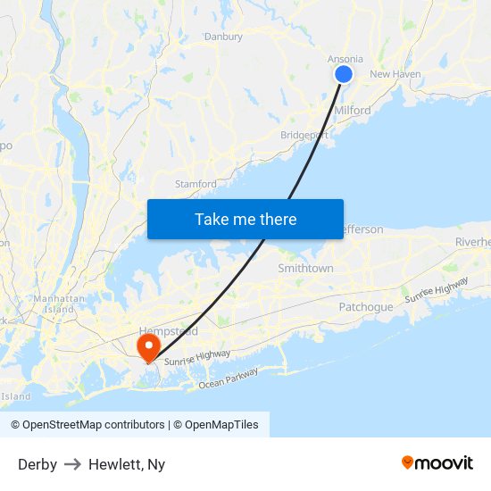 Derby to Hewlett, Ny map