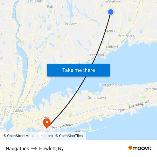 Naugatuck to Hewlett, Ny map