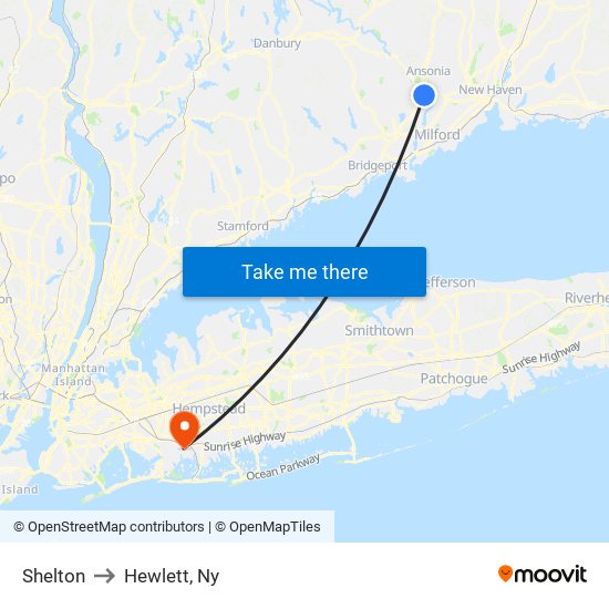 Shelton to Hewlett, Ny map