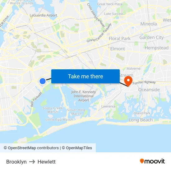 Brooklyn to Hewlett map