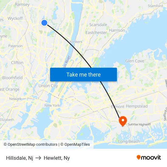 Hillsdale to Hewlett, Ny map