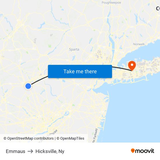 Emmaus to Hicksville, Ny map