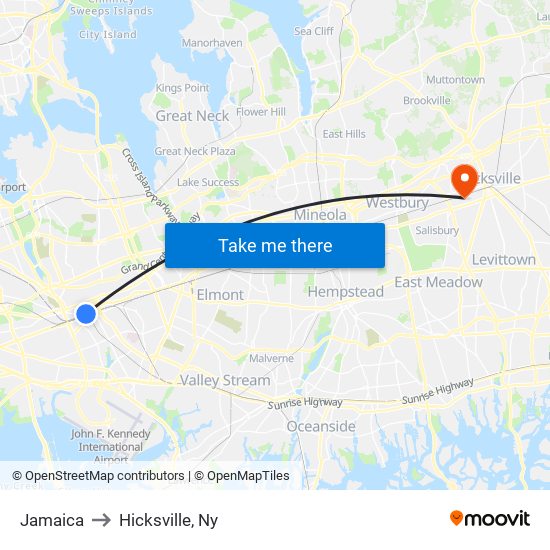 Jamaica to Hicksville, Ny map