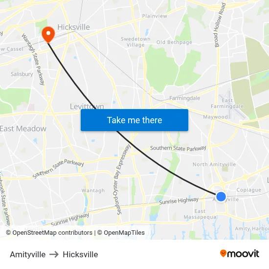 Amityville to Hicksville map