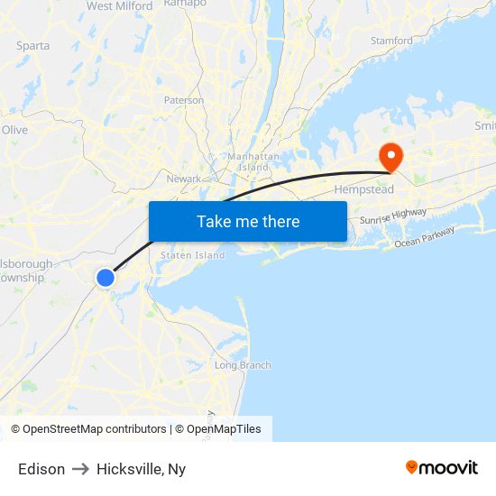 Edison to Hicksville, Ny map