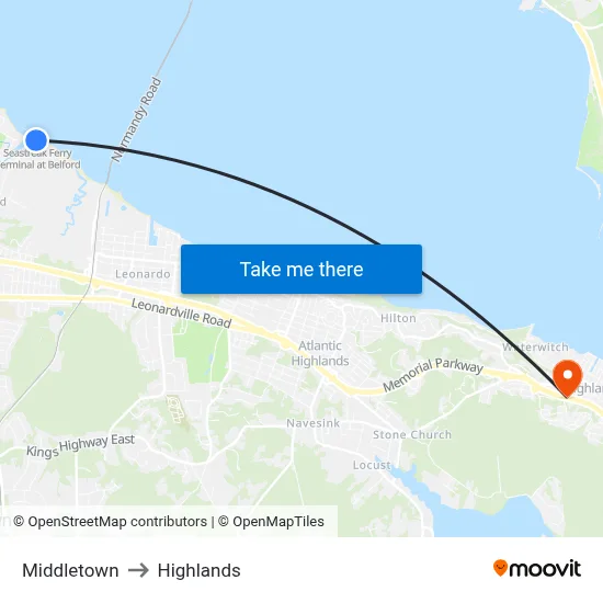 Middletown to Highlands map