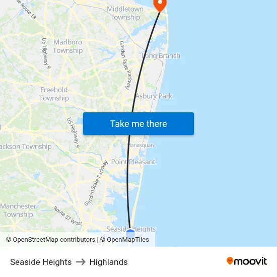 Seaside Heights to Highlands map