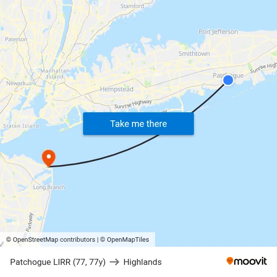 Patchogue LIRR (77, 77y) to Highlands map