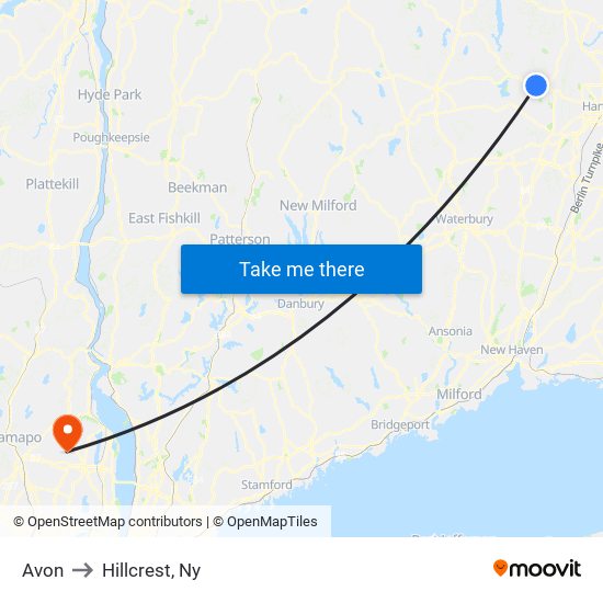 Avon to Hillcrest, Ny map