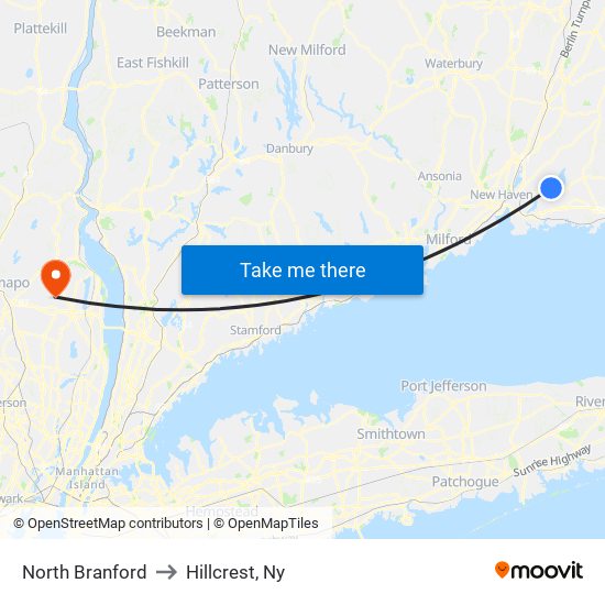 North Branford to Hillcrest, Ny map