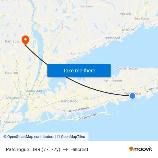 Patchogue LIRR (77, 77y) to Hillcrest map