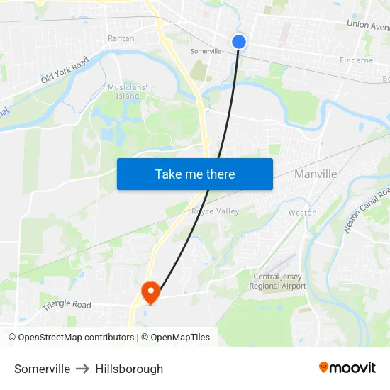 Somerville to Hillsborough map