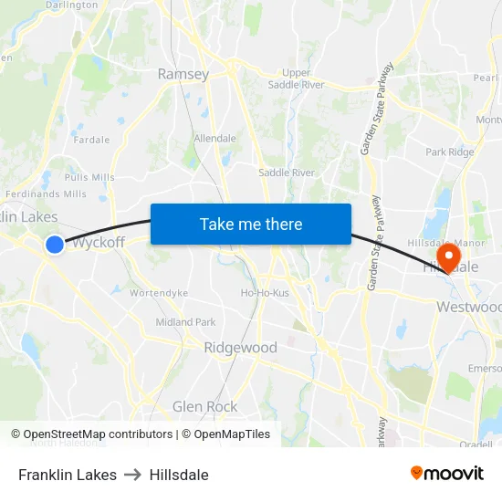 Franklin Lakes to Hillsdale map