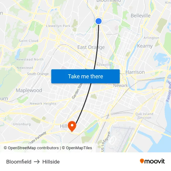 Bloomfield to Hillside map