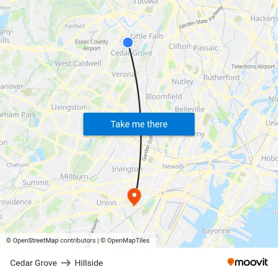 Cedar Grove to Hillside map