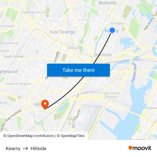 Kearny to Hillside map
