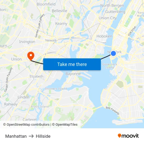 Manhattan to Hillside map