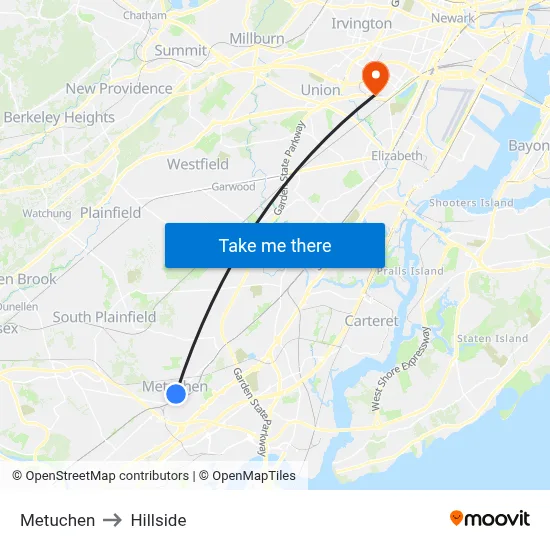 Metuchen to Hillside map