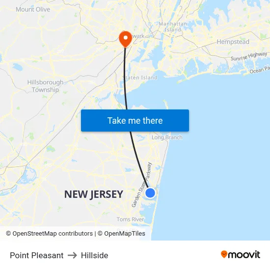 Point Pleasant to Hillside map