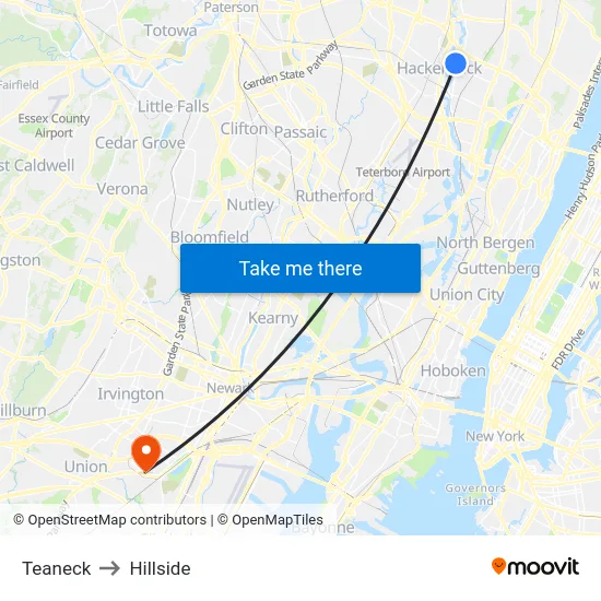 Teaneck to Hillside map