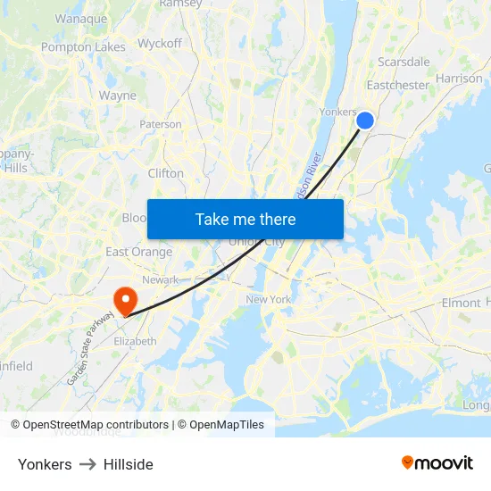 Yonkers to Hillside map