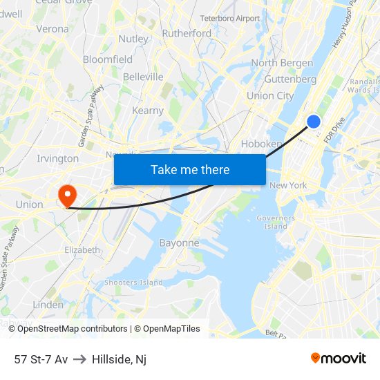 57 St-7 Av to Hillside, Nj map