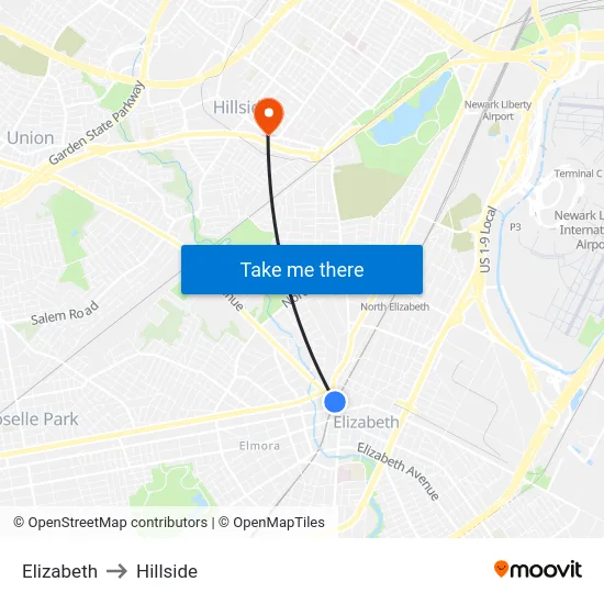 Elizabeth to Hillside map