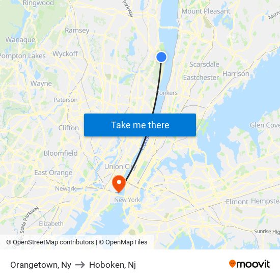 Orangetown, Ny to Hoboken, Nj map