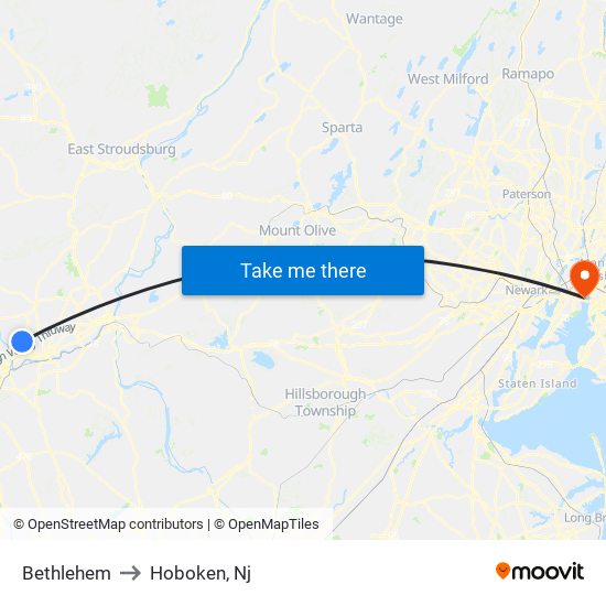 Bethlehem to Hoboken, Nj map