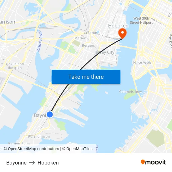 Bayonne to Hoboken map