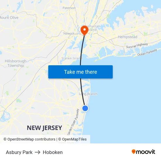 Asbury Park to Hoboken map