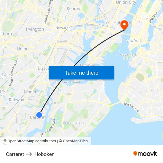 Carteret to Hoboken map