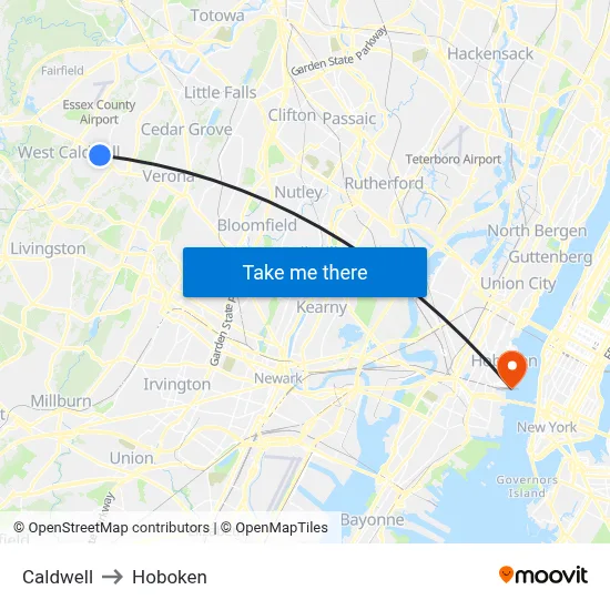 Caldwell to Hoboken map