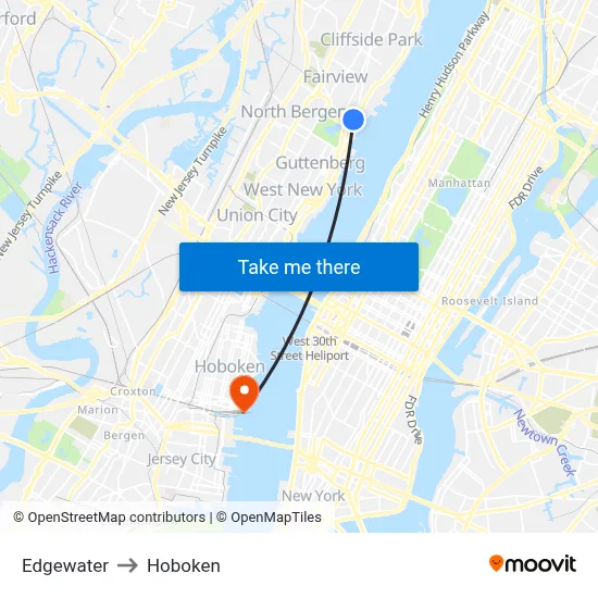 Edgewater to Hoboken map