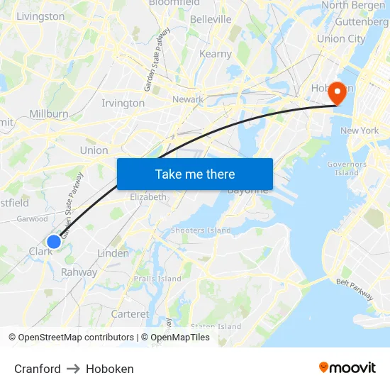Cranford to Hoboken map