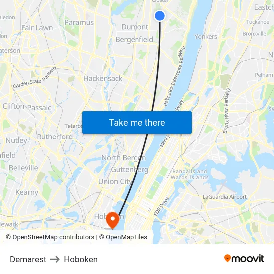 Demarest to Hoboken map