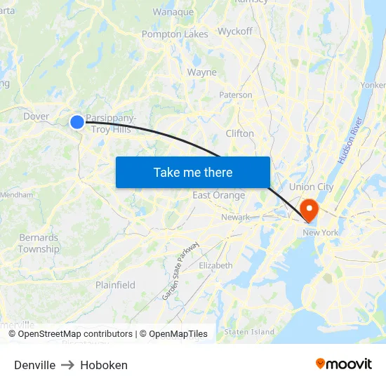 Denville to Hoboken map