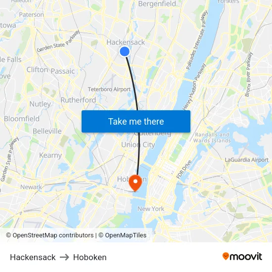 Hackensack to Hoboken map