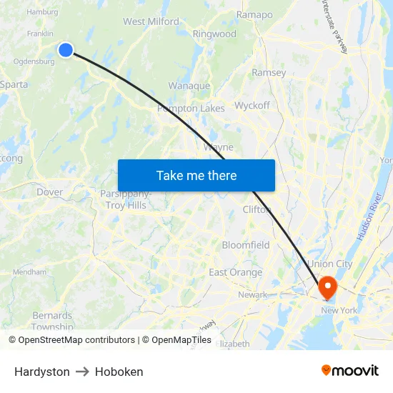 Hardyston to Hoboken map