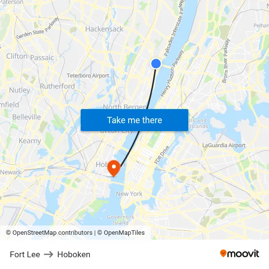 Fort Lee to Hoboken map