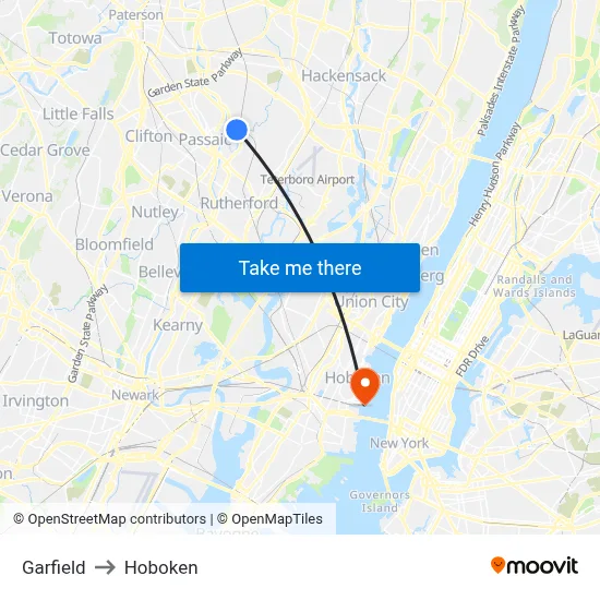 Garfield to Hoboken map
