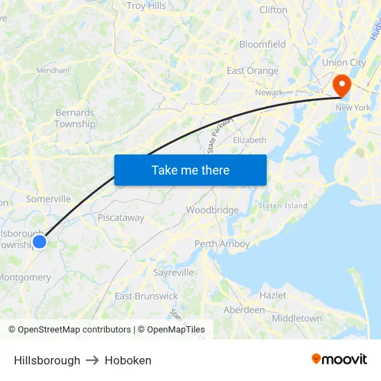 Hillsborough to Hoboken map