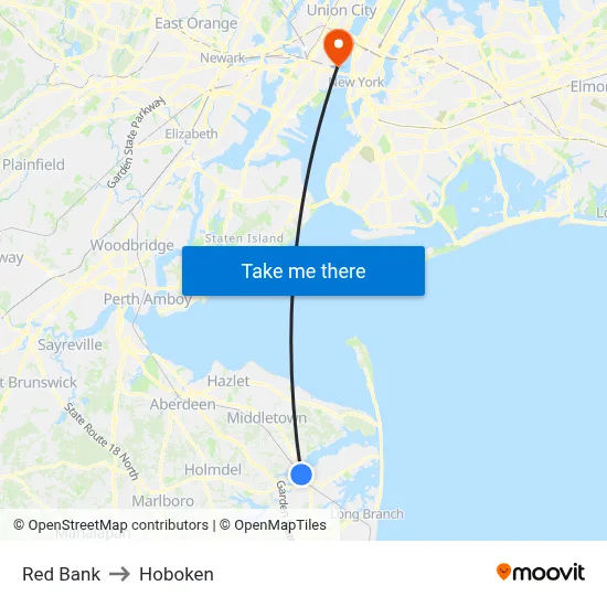Red Bank to Hoboken map