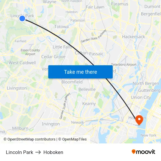 Lincoln Park to Hoboken map