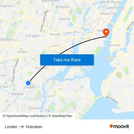 Linden to Hoboken map
