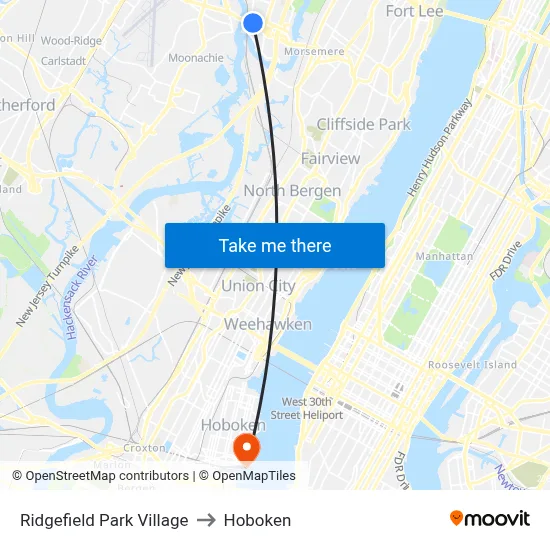 Ridgefield Park Village to Hoboken map