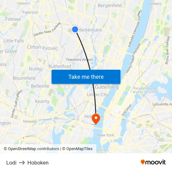 Lodi to Hoboken map