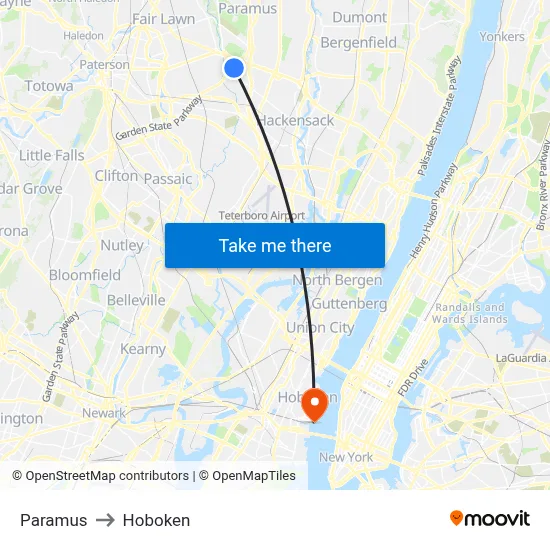 Paramus to Hoboken map
