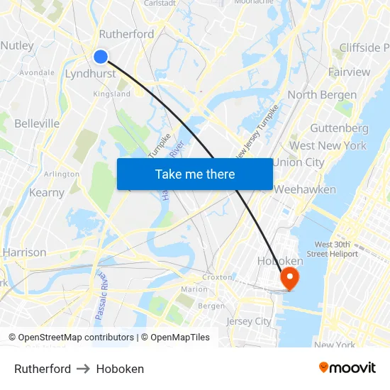 Rutherford to Hoboken map
