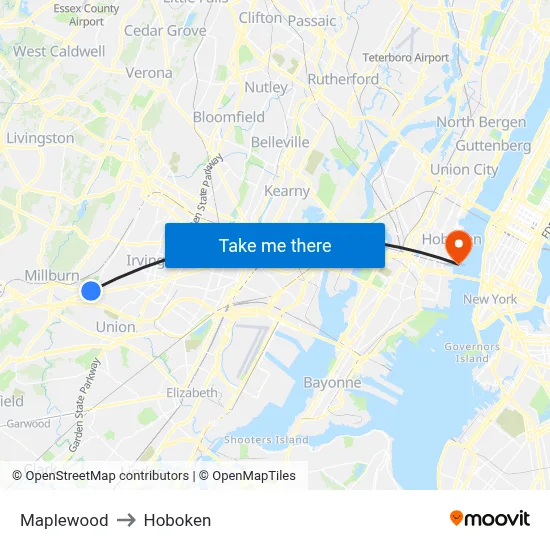 Maplewood to Hoboken map
